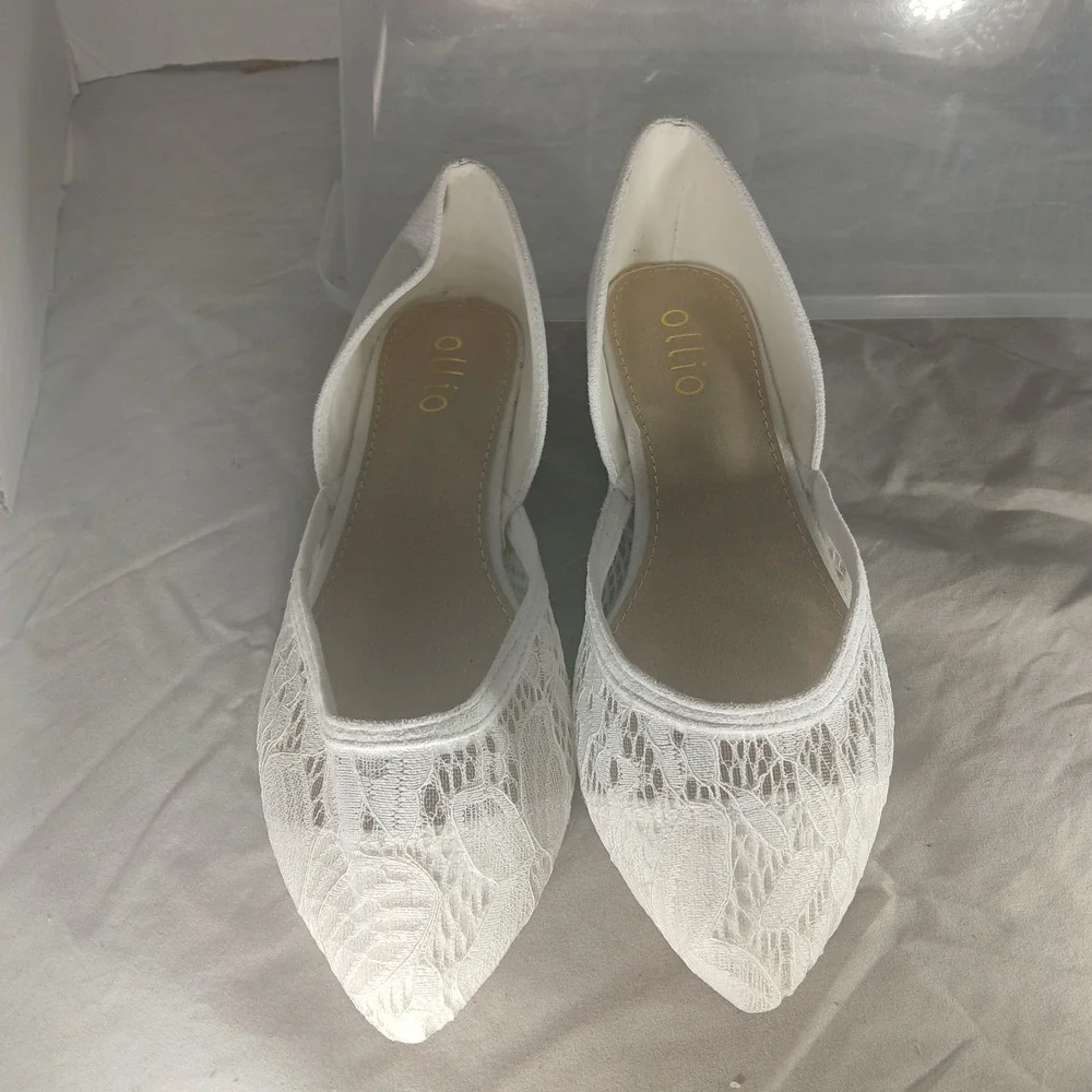 Ollio Womens White Lace‎ D'Orsay Pointed Toe Ballet Flats Size 6 Z593